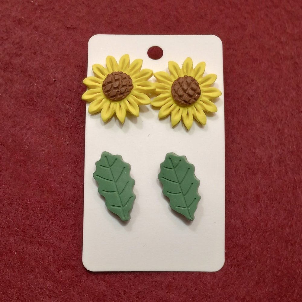Sunflower and Leaf  - Polymer Clay Earring bundle set.